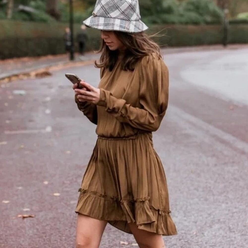 Current Air Serena Pleated Mini Dress Womens M Brown Smocked Tiered Flowy